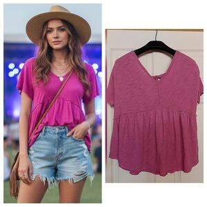 American Eagle M Cotton Blend Babydoll Top Pink Tie Back Fairycore Peplum